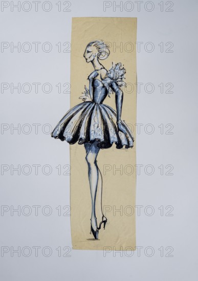 Fashion sketch, fashion design, women's fashion, haute couture collection, pencil drawing, mixed media, biros, felt-tip pen, watercolour, pastel, acrylic tempera, acrylic, on paper, elegant, feminine, subtle