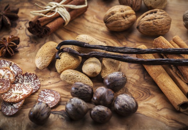 Assortment of spices and nuts for Christmas for baking cookies