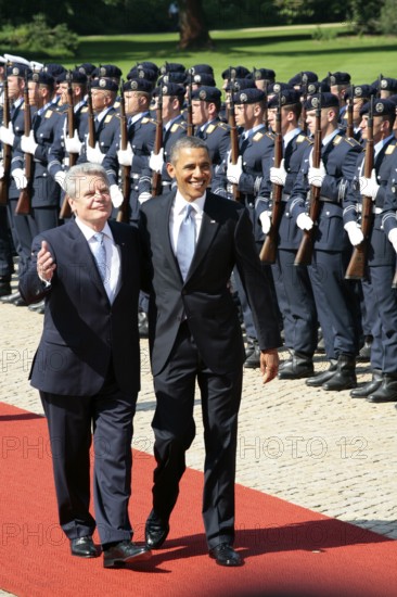 President Barack Obama during the welcoming ceremony at Bellevue Palace with the German President Joachim Gauck, Berlin, Berlin, Germany, Europe