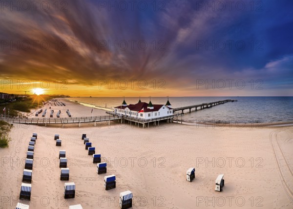 Drone view of famous old pier of Ahlbeck on island of Usedom in the baltic sea