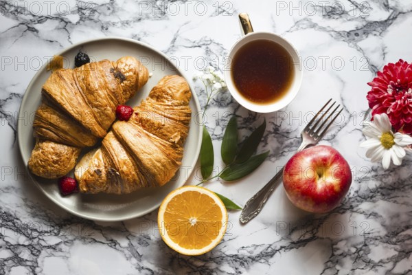 Flat lay croissants with fruits. High resolution photo