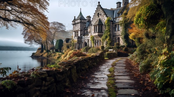 A cobblestone path leads to an old English mansion, on the shore of a lake, KI generated, AI generated