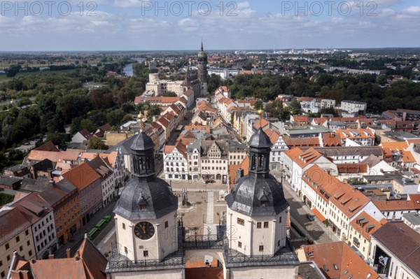 Drone shot, aerial view, drone photo, picture from above, historic town church St. Marien, view over the market place and half-timbered houses to the castle church, Luther city Wittenberg, Saxony-Anhalt, Germany, Europe