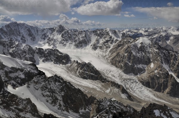 Majestic mountain peaks and glaciers in Tian Shan mountain range in Kyrgyzstan
