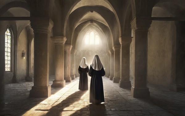 Two Catholic nuns stand devoutly in the archway of a convent, KI generated, AI generated