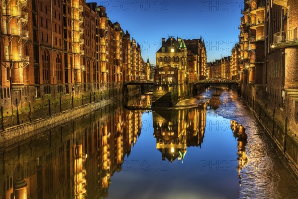 The historic Speicherstadt in Hamburg, Germany, by night, Europe