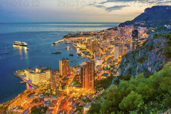 View of the city of Monaco on French Riviera after sunset