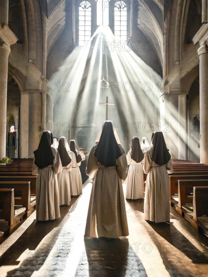 Catholic nuns at morning devotions in a chapel flooded with light, KI generated, AI generated