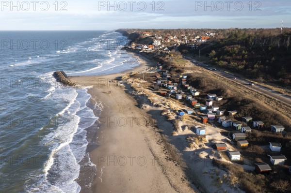 Tisvildeleje, Denmark, January 21, 2021: Aerial drone view of the village and the beach, Europe