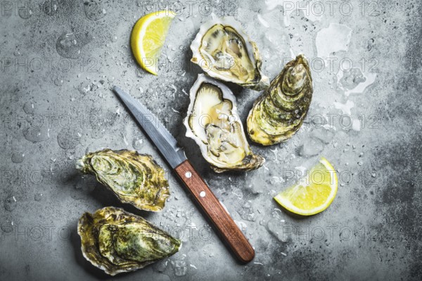 Fresh oysters on ice, knife, lemon wedges. Rustic stone background. Opened fresh raw oysters. Top view. Close-up. Oyster bar. Seafood. Oysters concept. Party food. From above. Expensive seafood