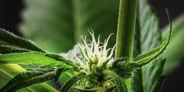A close-up panorama of a flowering cannabis bud, a macro shot on a dark bakground