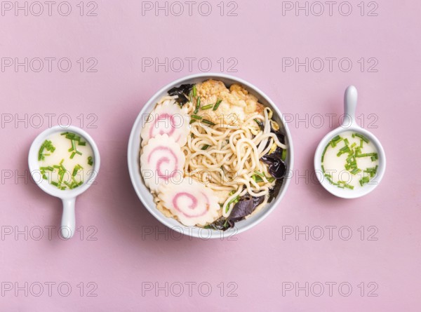 Flat lay ramen soup sauce