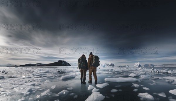 Two travelers with backpacks and winter clothes on an ice floe on a glacier in winter. Couple travels to Antarctica, AI generated
