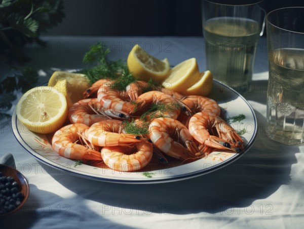 Fresh prawns, served on a plate with lemon and dill, wine glass, KI generated, AI generated