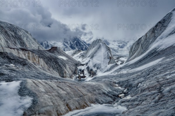 Scenic view of Engilchek glacier in Tian Shan mountain range in Kyrgyzstan