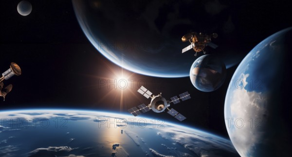Satellite spacecraft in earth orbit in space, space monitoring concept, AI generated