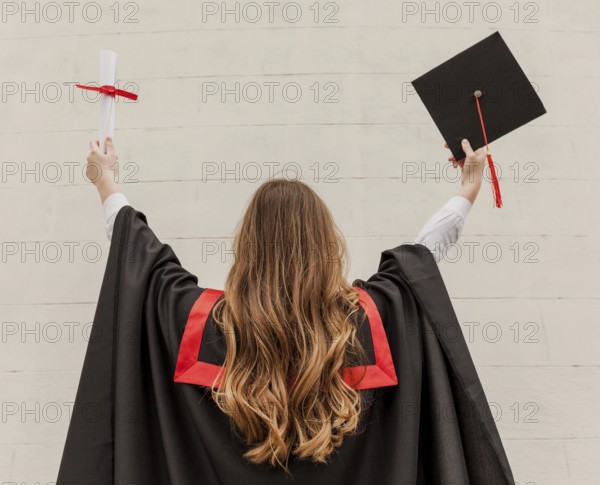 Front view graduated girl with back. Beautiful photo