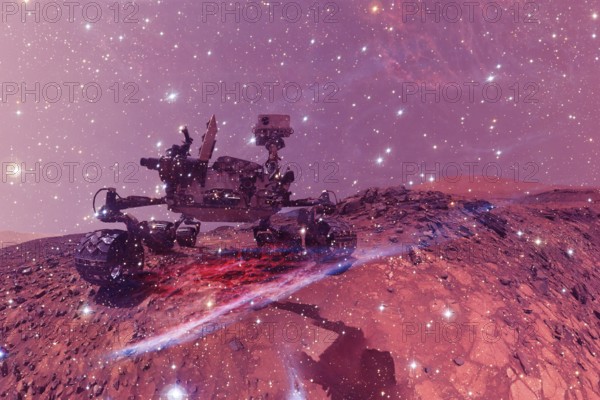 Curiosity rover exploring the surface of Mars. Science fiction wallpaper. Elements of this image furnished by NASA