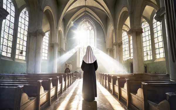 A Catholic nun at morning devotions in a chapel flooded with light, KI generated, AI generated