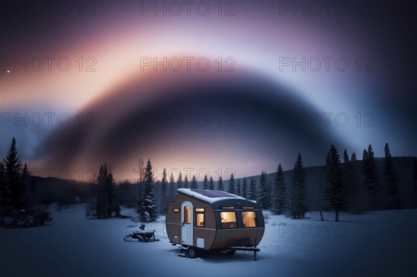 Trailer outdoors in winter in the forest with a solar panel on the roof. The concept of life outside civilization, AI generated