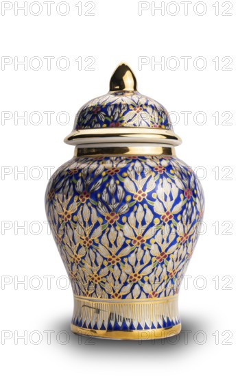 Colorful Thai style porcelain, Benjarong, isolated on white background with clipping path. The precious souvenir of Thailand, design in five colors
