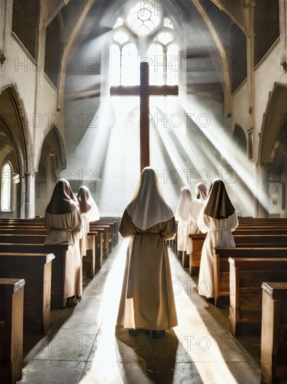 Catholic nuns at morning devotions in a chapel flooded with light, KI generated, AI generated