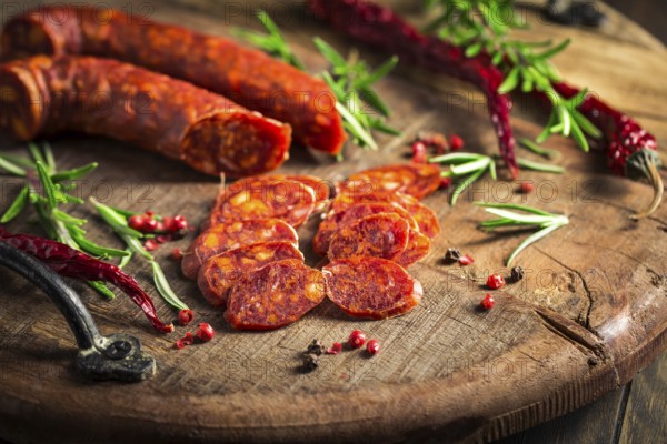 Red Spanish chorizo sausage with herbs and spices on wooden cutting board