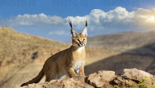 AI generated, animal, animals, mammal, mammals, biotope, habitat, a, individual, foraging, wildlife, Africa, South Africa, Asia, Central Asia, steppes, cat, cats, predator, caracal, desert lynx, caracal caracal), rests, hunts. jumps, Africa