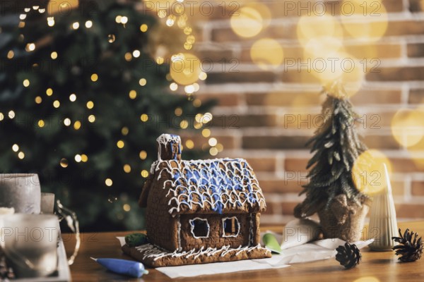 Little homemade gingerbread house standing on table with decorations, candles in living room decorated with defocused New Year lights, Christmas fir tree. Wonderful happy holiday mood. Copy space