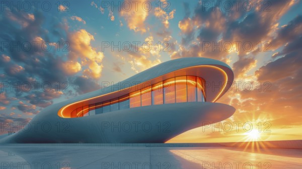 Sleek building with expansive windows and curved design at sunset, AI generated