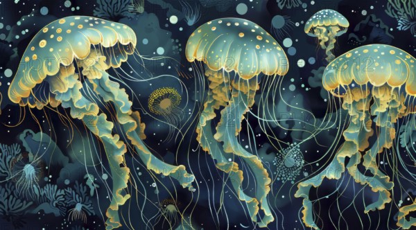 Illustration of golden glowing jellyfish in a dark teal aquatic environment, ai generated, AI generated