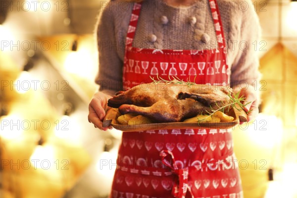 Roast duck and potato on wooden plate in womans hands. Christmas dinner