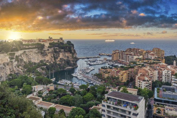Monte Carlo Monaco, sunrise city skyline at Ville port