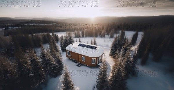 Trailer outdoors in winter in the forest with a solar panel on the roof. The concept of life outside civilization, AI generated