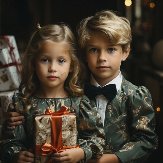 Christmas, children and family celebrate Christmas with gifts under a Christmas tree, ai generated