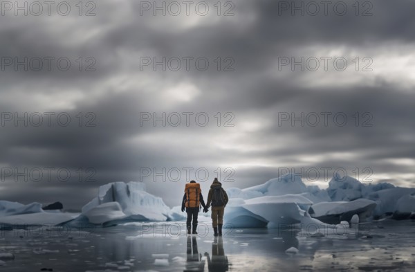 Two travelers with backpacks and winter clothes on an ice floe on a glacier in winter. Couple travels to Antarctica, AI generated