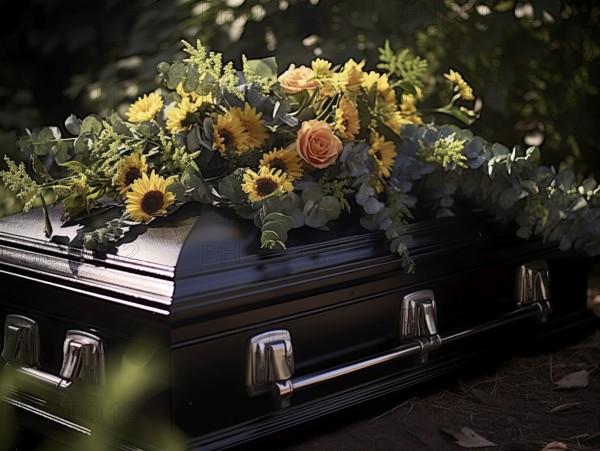 Coffin, atmospherically decorated with flowers, funeral bouquet, KI generated, AI generated