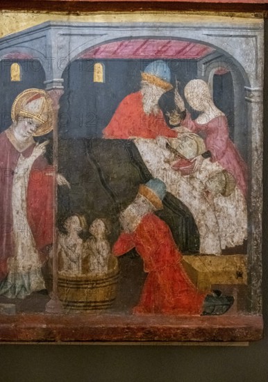 Resurrection of the students, Saint Nicholas altarpiece, Gabriel Moger, 1407-1410, tempera on wood, Roser Vell church, Majorca, Spain, Europe