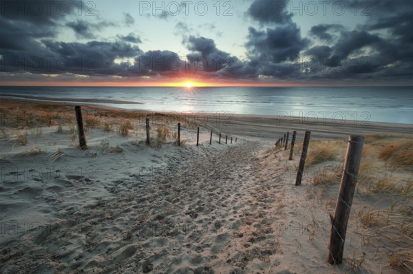 Sand path to North sea beach at sunset, Netherlands