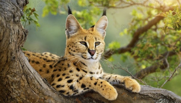 AI generated, animal, animals, mammal, mammals, biotope, habitat, one, individual, foraging, wildlife, caracal, caracal (Caracal caracal), lynx, lynxes, resting in tree