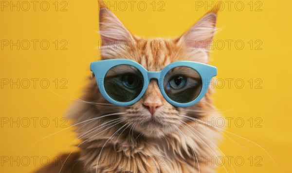 Fluffy cat wearing blue sunglasses on yellow background AI generated