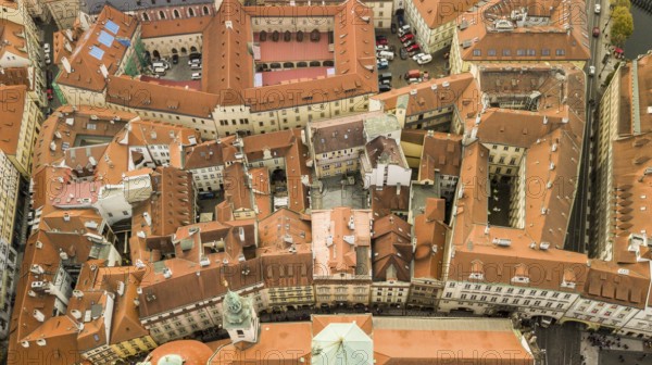 Aerial view of housetops in Prague
