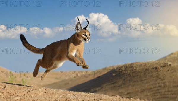 AI generated, animal, animals, mammal, mammals, biotope, habitat, one, individual, foraging, wildlife, Africa, South Africa, Asia, Central Asia, steppes, cat, cats, predator, caracal, desert lynx, caracal caracal), joie de vivre, jumps, hunting, Africa