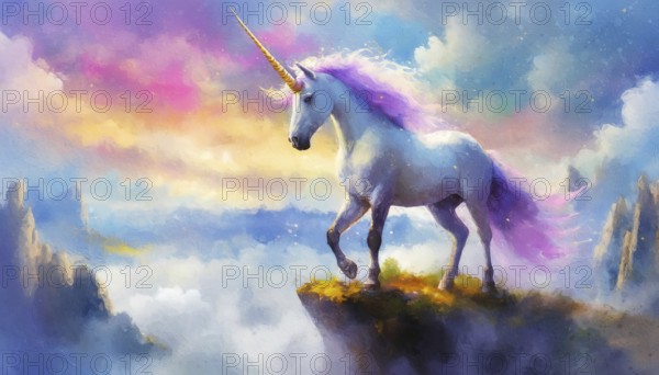 Wild and free unicorn standing lonely at the edge of a cliff above the clouds with a scenery view to dreamland. AI generated
