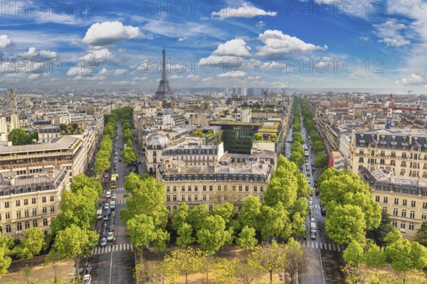 Paris France, high angle view, city skyline at Eiffel Tower view from Arc de Triomphe