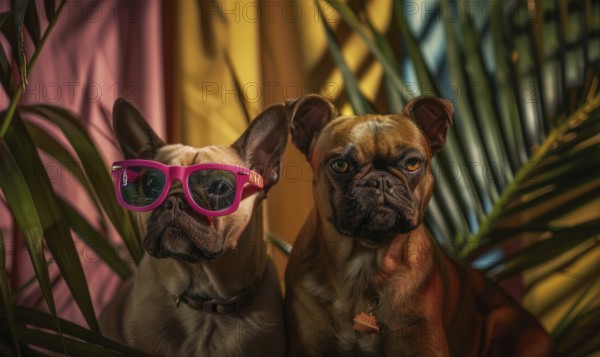 Two French bulldogs with sunglasses sitting indoors with tropical plants AI generated