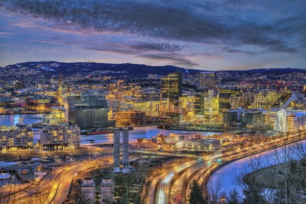 Oslo Norway, night city skyline at business district and Barcode Project