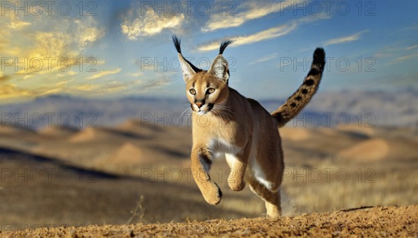 AI generated, animal, animals, mammal, mammals, biotope, habitat, one, individual, foraging, wildlife, Africa, South Africa, Asia, Central Asia, steppes, cat, cats, predator, caracal, desert lynx, caracal caracal), joie de vivre, jumps, hunting, Africa
