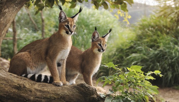 AI generated, animal, animals, mammal, mammals, biotope, habitat, two, female, juvenile, foraging, wildlife, Africa, South Africa, Asia, Central Asia, steppes, cat, cats, predator, caracal, desert lynx, caracal caracal), rests, hunts. jumps, Africa