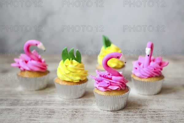 Pink flamingo and pineapple cupcakes for the Birthday party. Tropical party
